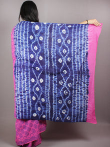 Pink Indigo Shibori Dyed Cotton Mul Saree with Persian Blue Motifs - S03170618