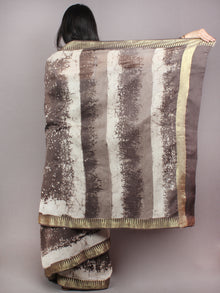 Brown Beige Ivory Hand Block Printed in Natural Colors Chanderi Saree With Geecha Zari Border - S03170682