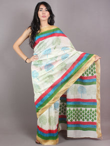 Ivory Green Blue Hand Block Printed in Natural Colors Chanderi Saree With Geecha Border - S03170684