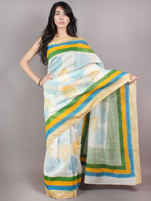 Ivory Yellow Blue Hand Block Printed in Natural Colors Chanderi Saree With Geecha Border - S03170685