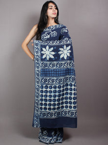 Indigo White Cotton Hand Block Printed Saree - S03170620