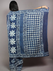 Indigo White Cotton Hand Block Printed Saree - S03170620