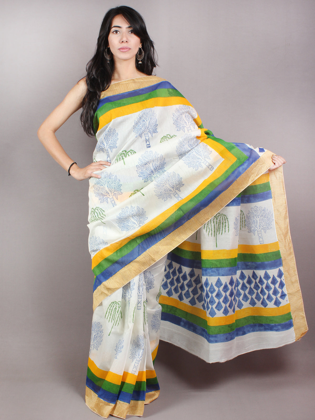 Ivory Yellow Blue Hand Block Printed in Natural Colors Chanderi Saree With Geecha Border - S03170686
