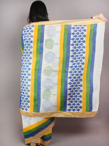 Ivory Yellow Blue Hand Block Printed in Natural Colors Chanderi Saree With Geecha Border - S03170686