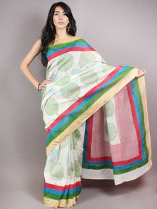 Ivory Green Blue Hand Block Printed in Natural Colors Chanderi Saree With Geecha Border - S03170687
