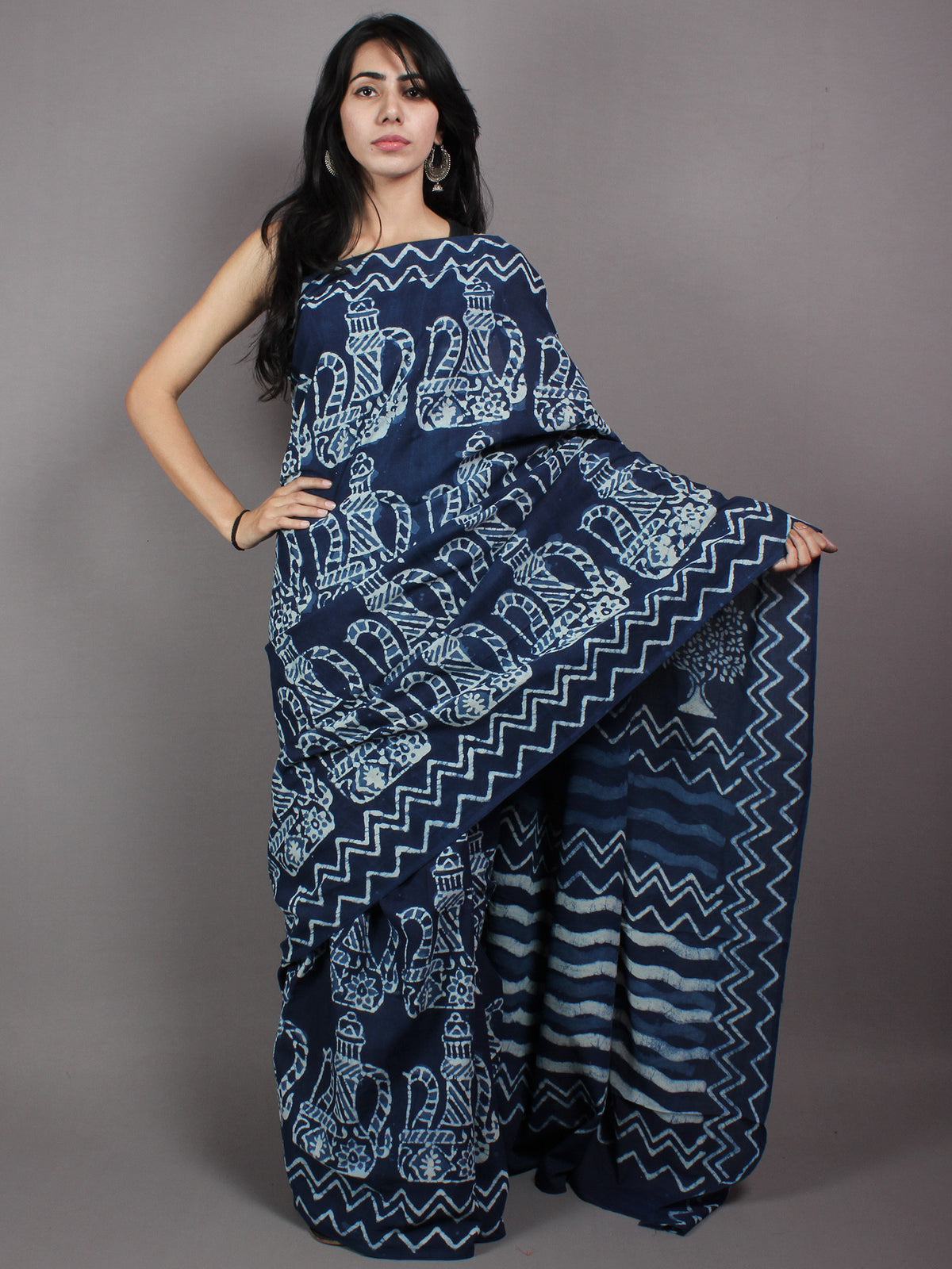 Indigo White Cotton Hand Block Printed & Painted Saree - S03170623