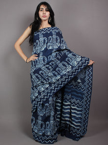 Indigo White Cotton Hand Block Printed & Painted Saree - S03170623