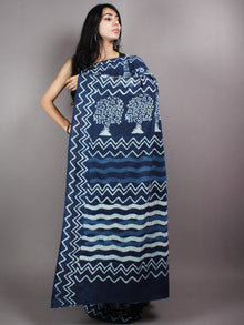 Indigo White Cotton Hand Block Printed & Painted Saree - S03170623