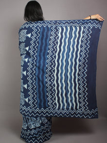 Indigo White Cotton Hand Block Printed & Painted Saree - S03170623