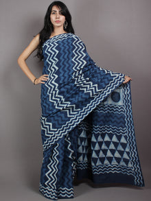 Indigo White Cotton Hand Block Printed & Painted Saree - S03170624
