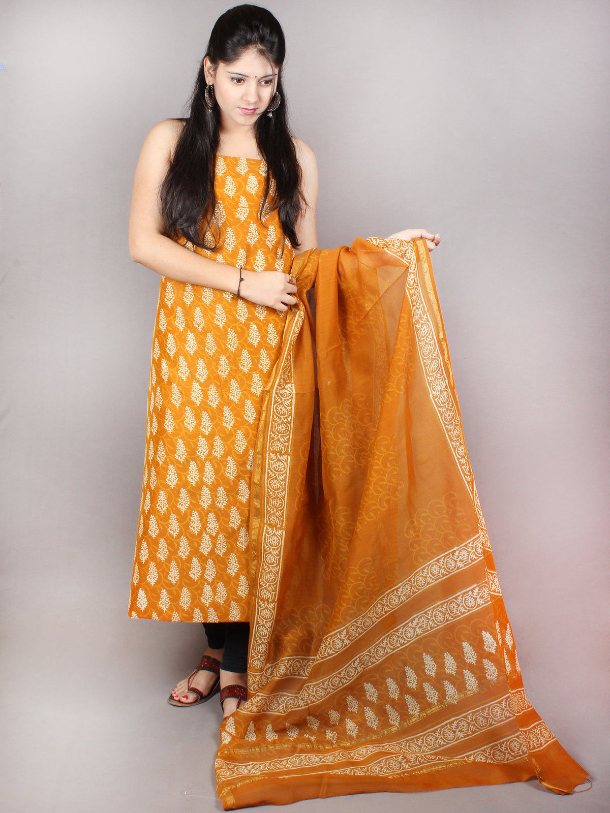 GoldenRod Yellow Hand Block Printed Chanderi Kurta-Salwar Fabric With Chanderi Dupatta - S1628069