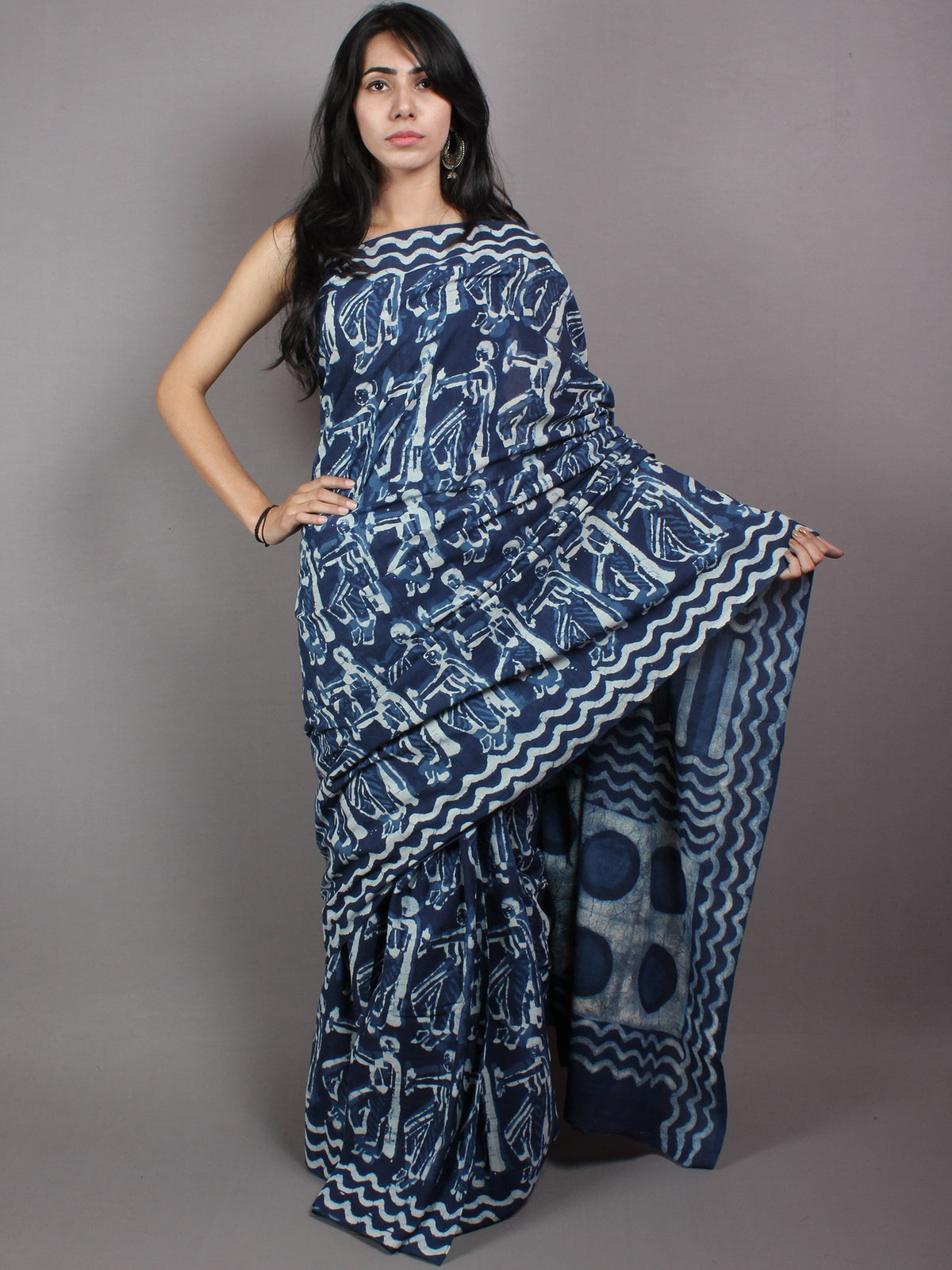 Indigo White Cotton Hand Block Printed & Painted Saree - S03170625