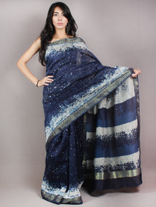 Indigo White Hand Block Printed in Natural Colors Chanderi Saree With Geecha Zari Border - S03170690