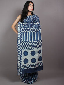 Indigo White Cotton Hand Block Printed & Painted Saree - S03170625