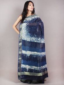 Indigo White Hand Block Printed in Natural Colors Chanderi Saree With Geecha Zari Border - S03170690