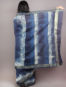 Indigo White Hand Block Printed in Natural Colors Chanderi Saree With Geecha Zari Border - S03170690