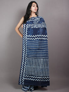 Indigo White Cotton Hand Block Printed & Painted Saree - S03170626
