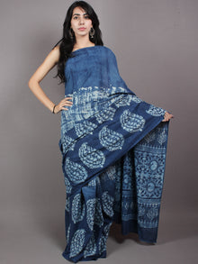 Indigo White Cotton Hand Block Printed & Painted Saree - S03170627