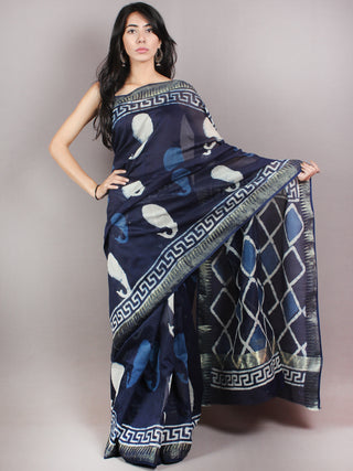 Indigo White Hand Block Printed in Natural Colors Chanderi Saree With Geecha Zari Border - S03170692