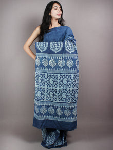 Indigo White Cotton Hand Block Printed & Painted Saree - S03170627