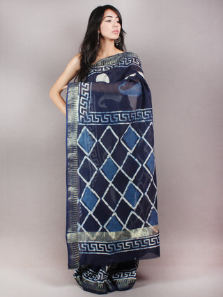 Indigo White Hand Block Printed in Natural Colors Chanderi Saree With Geecha Zari Border - S03170692