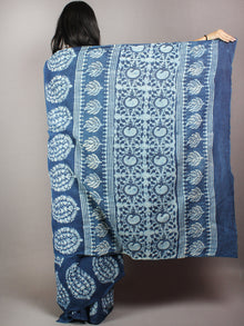 Indigo White Cotton Hand Block Printed & Painted Saree - S03170627