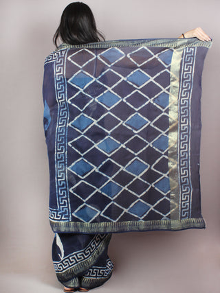 Indigo White Hand Block Printed in Natural Colors Chanderi Saree With Geecha Zari Border - S03170692