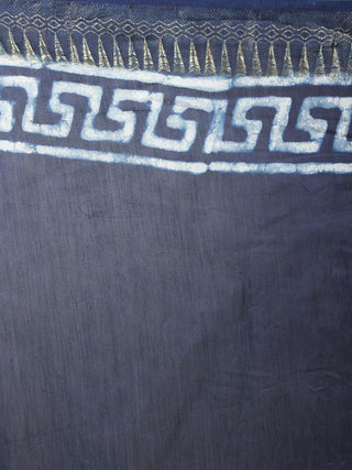 Indigo White Hand Block Printed in Natural Colors Chanderi Saree With Geecha Zari Border - S03170692