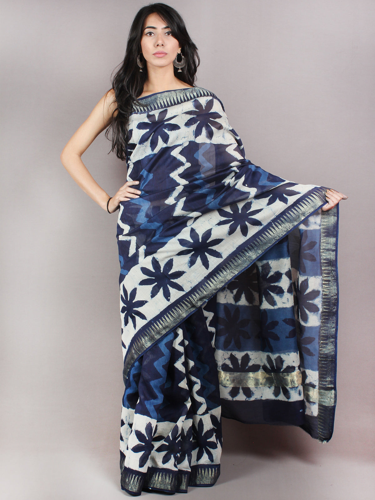 Indigo White Hand Block Printed in Natural Colors Chanderi Saree With Geecha Zari Border - S03170693