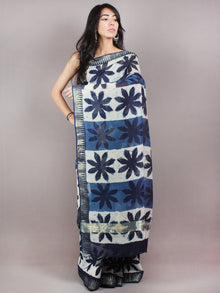 Indigo White Hand Block Printed in Natural Colors Chanderi Saree With Geecha Zari Border - S03170693