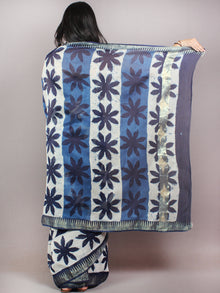 Indigo White Hand Block Printed in Natural Colors Chanderi Saree With Geecha Zari Border - S03170693