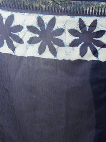 Indigo White Hand Block Printed in Natural Colors Chanderi Saree With Geecha Zari Border - S03170693