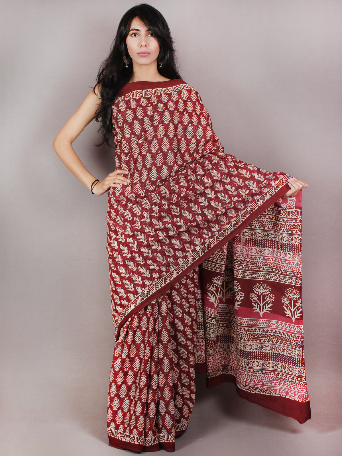 Maroon Pink Beige Hand Block Printed in Natural Colors Cotton Mul Saree - S03170694