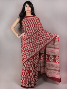 Maroon Pink Beige Hand Block Printed in Natural Colors Cotton Mul Saree - S03170694