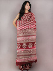 Maroon Pink Beige Hand Block Printed in Natural Colors Cotton Mul Saree - S03170694