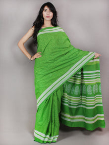 Pear Green White Hand Block Printed in Natural Colors Cotton Mul Saree - S03170733