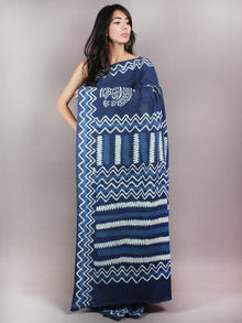 Indigo Ivory Cotton Hand Block Printed Saree - S03170695