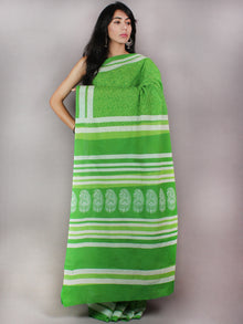Pear Green White Hand Block Printed in Natural Colors Cotton Mul Saree - S03170733