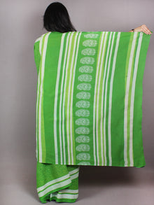 Pear Green White Hand Block Printed in Natural Colors Cotton Mul Saree - S03170733