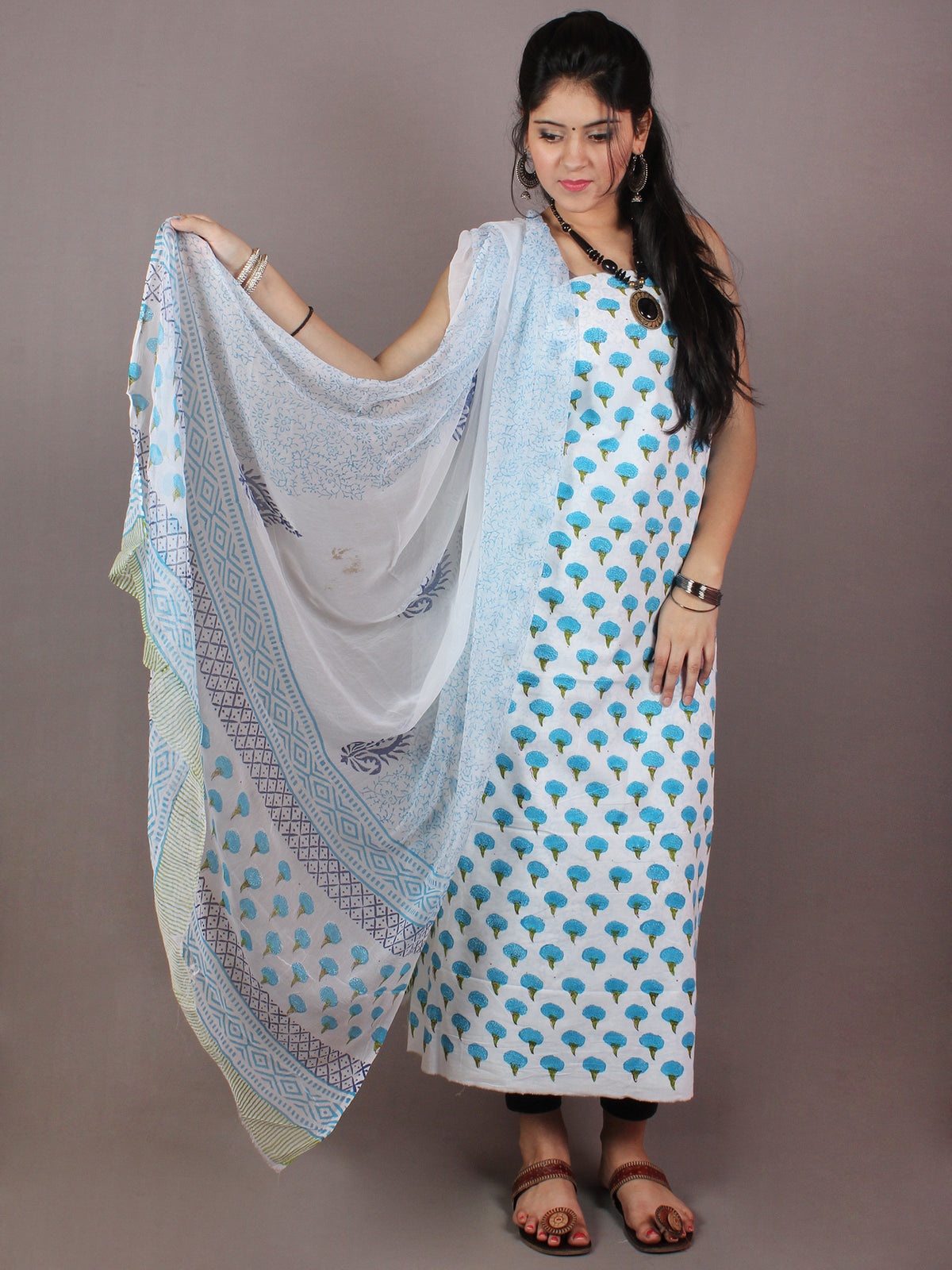 White Blue Green Hand Block Printed Cotton Suit-Salwar Fabric With Chiffon Dupatta - S1628100