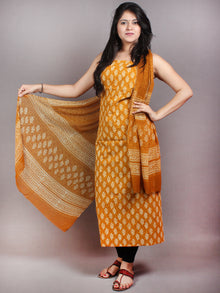 GoldenRod Yellow White Hand Block Printed Cotton Suit-Salwar Fabric With Chiffon Dupatta - S1628047