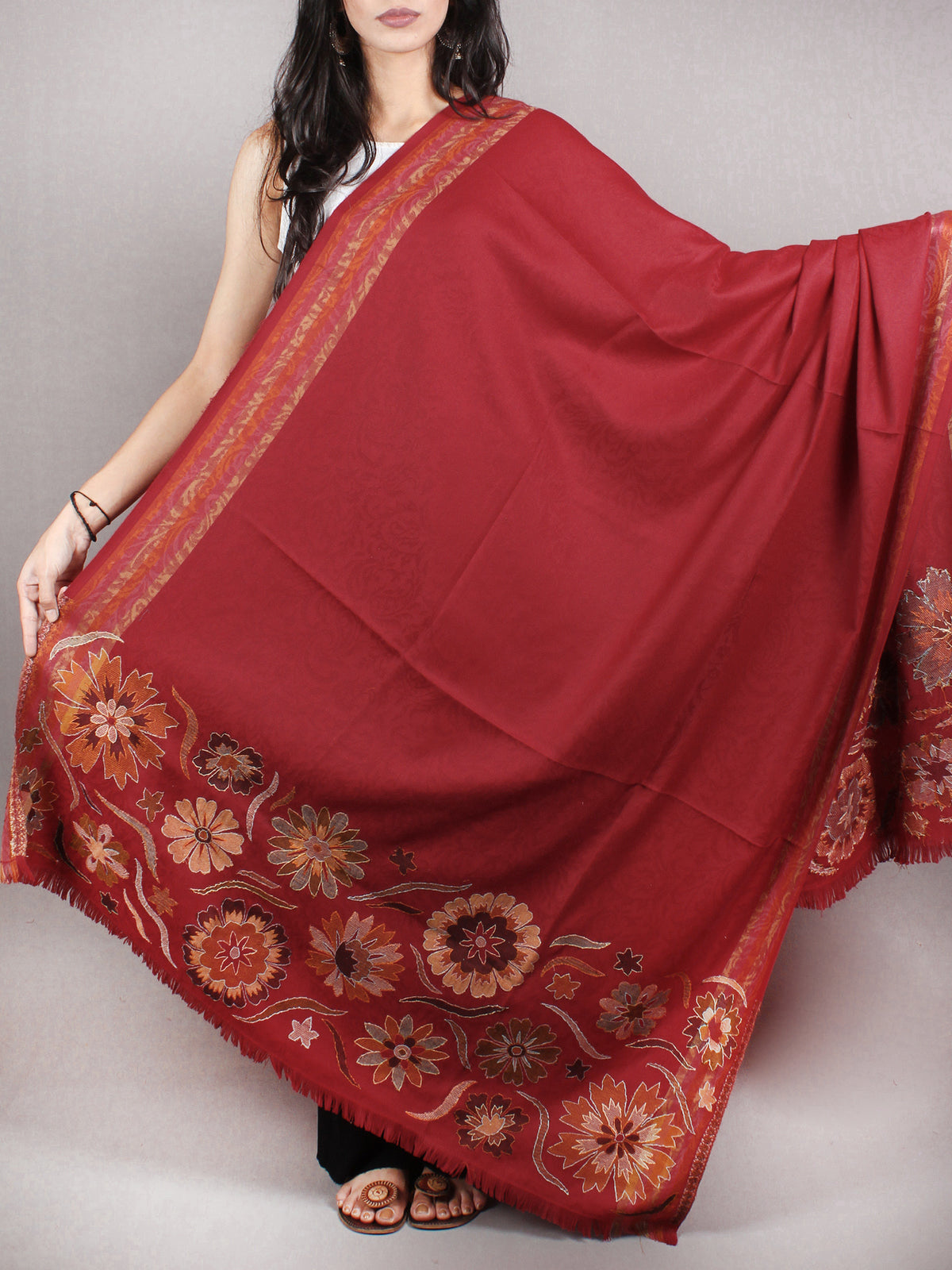 Maroon Brown Cashmere Shawl in Paisley-Self With Sozni Border From Kashmir - S200202