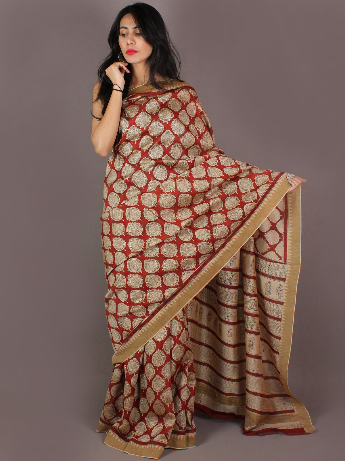 Maroon Beige Bagru Hand Block Printed in Natural Vegetable Colors Chanderi Saree With Geecha Border - S03170315