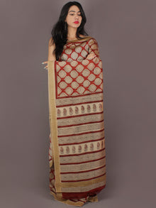 Maroon Beige Bagru Hand Block Printed in Natural Vegetable Colors Chanderi Saree With Geecha Border - S03170315
