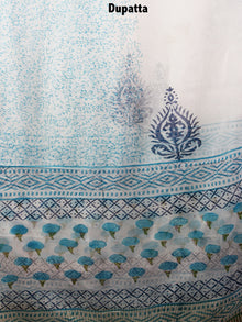White Blue Green Hand Block Printed Cotton Suit-Salwar Fabric With Chiffon Dupatta - S1628100