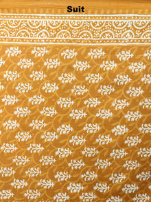 GoldenRod Yellow White Hand Block Printed Cotton Suit-Salwar Fabric With Chiffon Dupatta - S1628047
