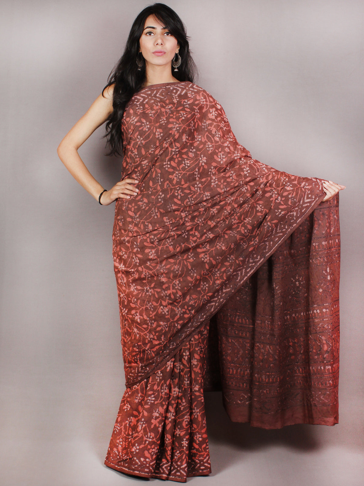 Brown Brick Red Ivory Bagru Dabu Hand Block Printed in Natural Colors Cotton Mul Saree - S03170700