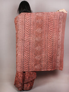 Brown Brick Red Ivory Bagru Dabu Hand Block Printed in Natural Colors Cotton Mul Saree - S03170700