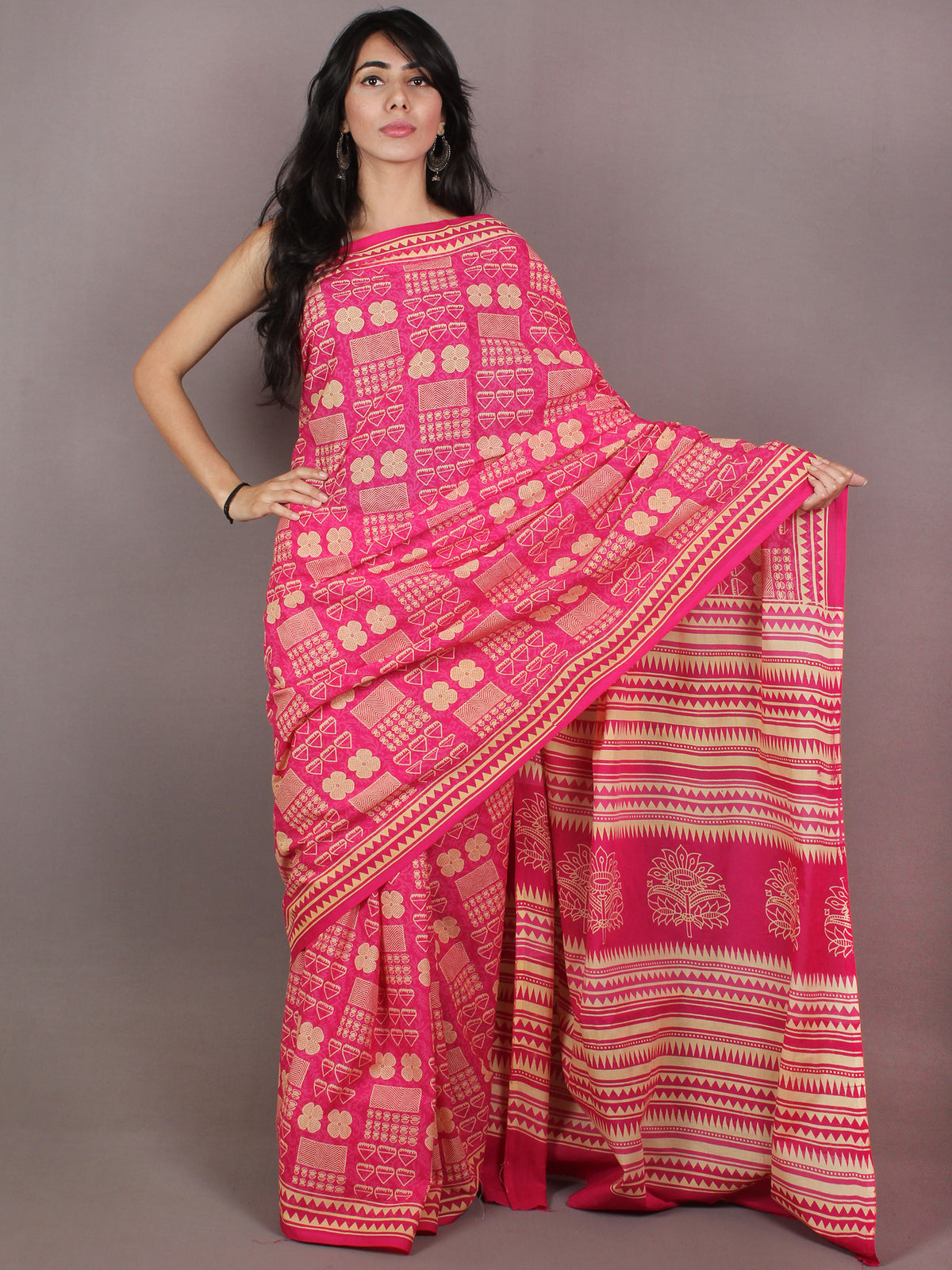 Pink Light Yellow Block Printed in Natural Colors Cotton Mul Saree - S03170704