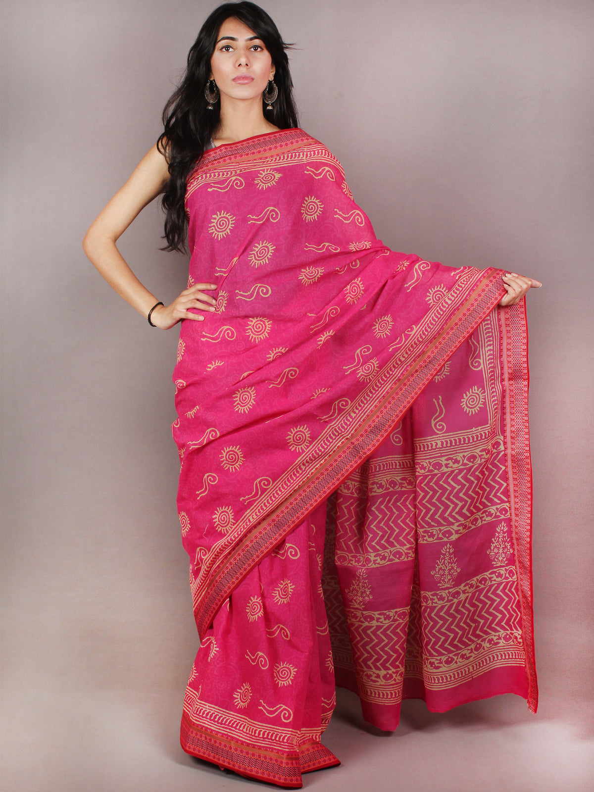Pink Beige Hand Block Printed in Natural Colors Cotton Mul Saree With Resham Border - S03170705